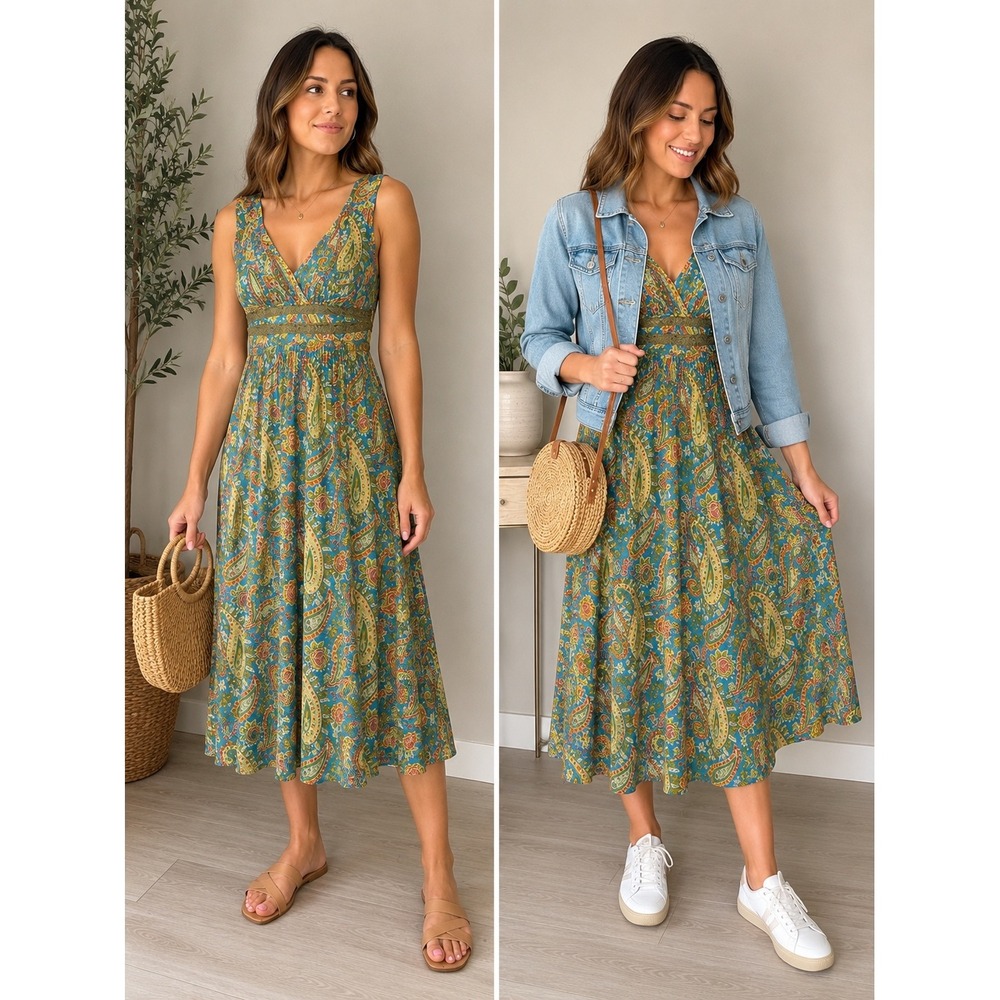 Sundance Silk Paisley Midi Dress Blue Green Boho Pleated Lace Trim Size 6